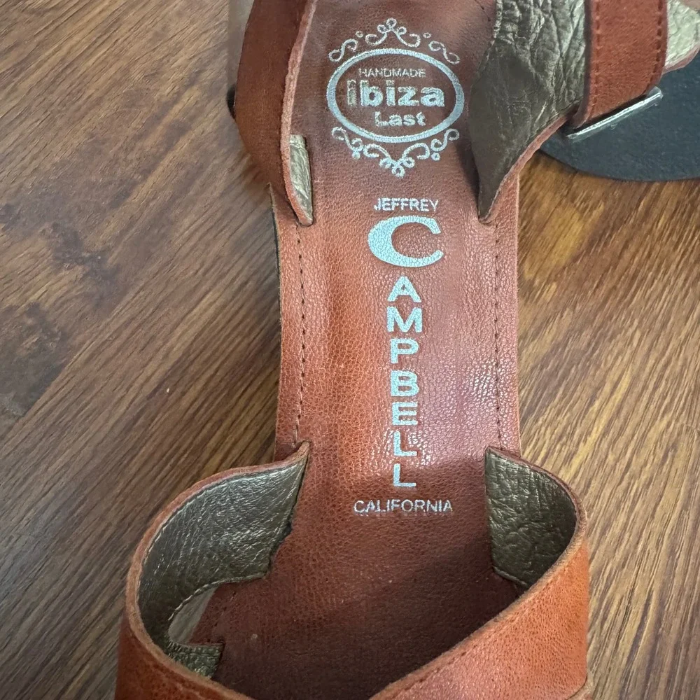 Jeffrey Campbell Sandals Sz 7 Platform Wood Block Heel Retro 70's Cognac Tan